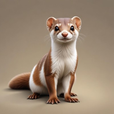 A brown and white weasel sits and smiles