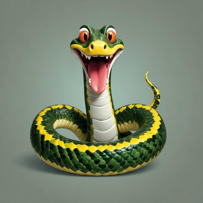 A green and yellow snake smiles with its tongue out