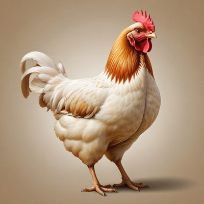 A white rooster stands proudly on a tan background