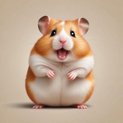 A hamster sits on a light brown background with a big smile