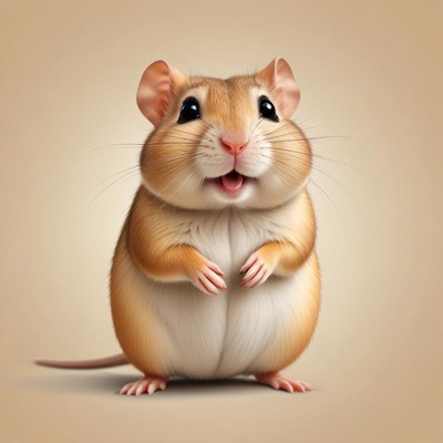 A cute hamster stands smiling on its hind legs