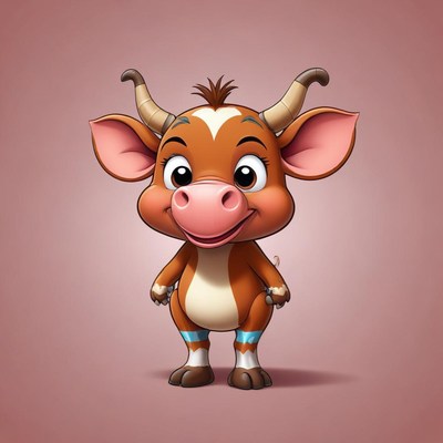 A cartoon cow smiles while standing on a pink background