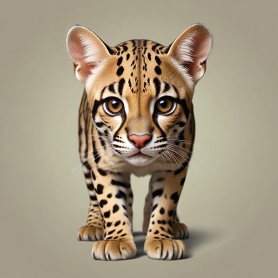 A young ocelot stands in front of a light brown background