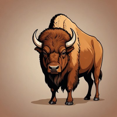 A brown bison stands with its horns forward