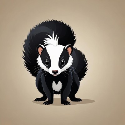A black and white skunk stands on a tan background