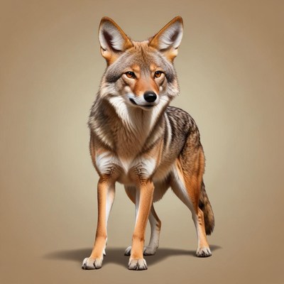 A coyote stands alert against a beige background