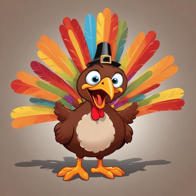 A happy turkey wearing a pilgrim hat smiles for the camera