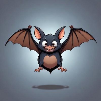A cartoon bat flies in front of a gray background