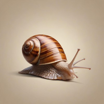 A brown snail crawls slowly across a white background