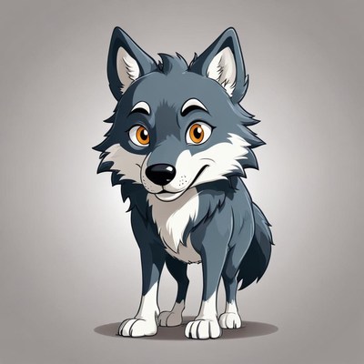 A cartoon wolf stands with a smile