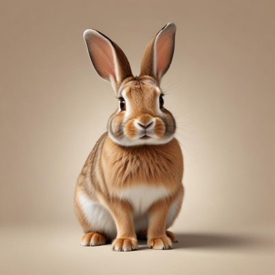 A brown rabbit sits on a beige background