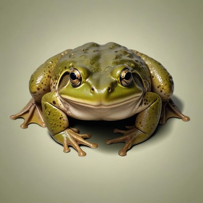 A green frog stares directly at the camera