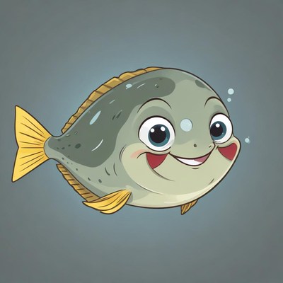 A cartoon fish smiles happily while swimming