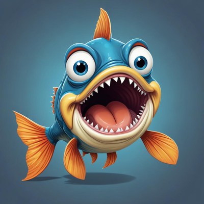 Cartoon fish grins widely, showing sharp teeth