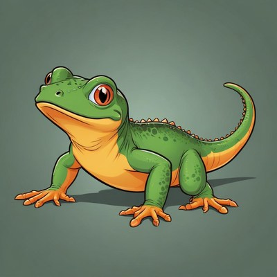 A green lizard with orange feet stands on a gray background
