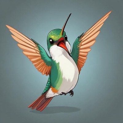 A hummingbird hovers in mid-air with its wings spread
