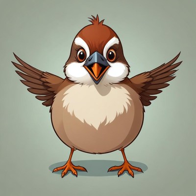A cartoon illustration of a sparrow with its wings spread