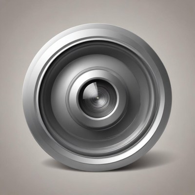 A silver camera lens sits on a gray background