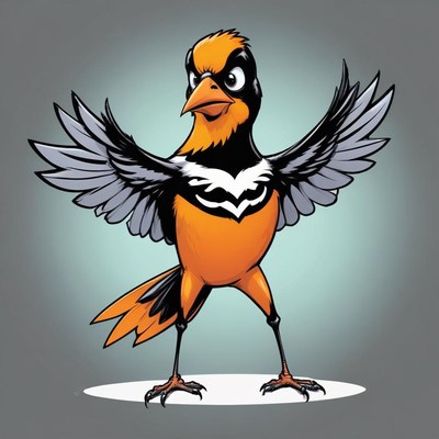 Cartoon bird with orange and black feathers spreads wings