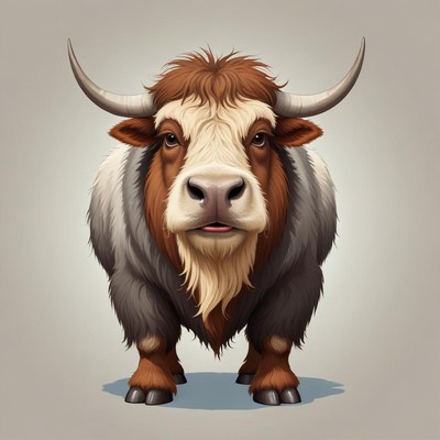 A brown and white yak stares directly at the viewer