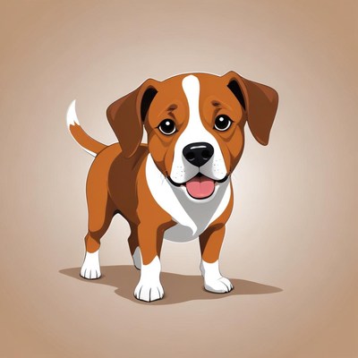 A happy brown and white puppy stands on a tan background