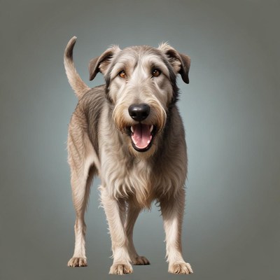 A happy dog stands on a grey background