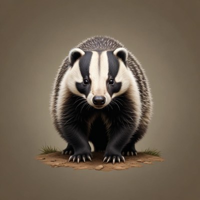 A badger looks at the camera from the ground