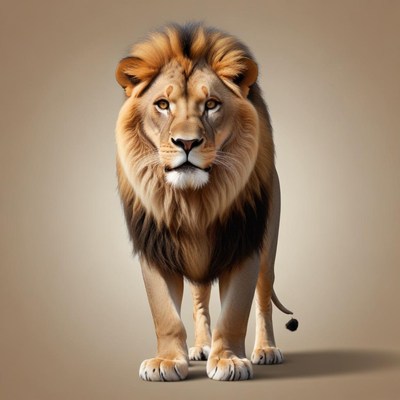 A majestic lion stands tall in front of a brown background