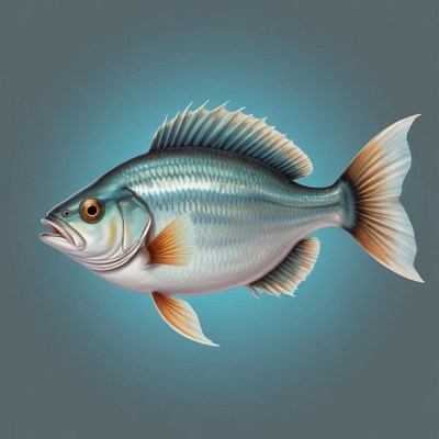 Silver fish with orange fins swims in blue