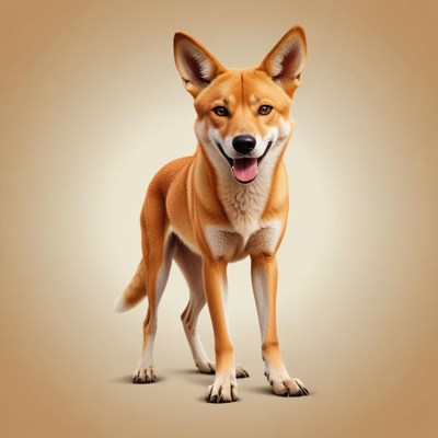 A happy dingo stands in front of a tan background