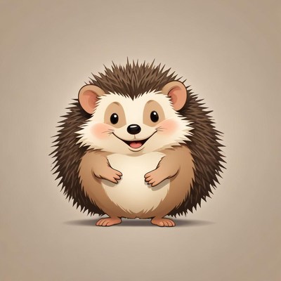 A happy hedgehog stands against a tan background