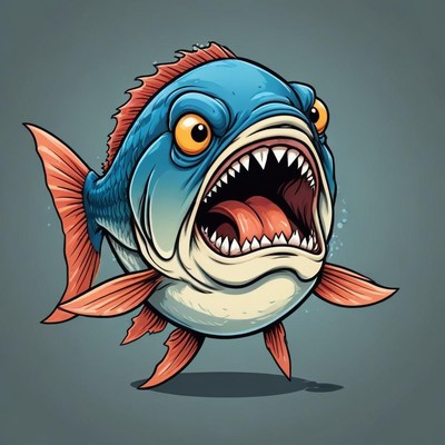 Snarling cartoon piranha with big eyes and sharp teeth