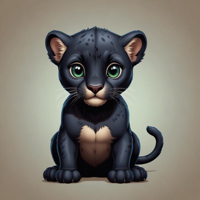 A black panther cub sits and stares into the camera