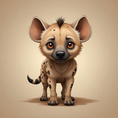 A cute cartoon hyena stands on a tan background