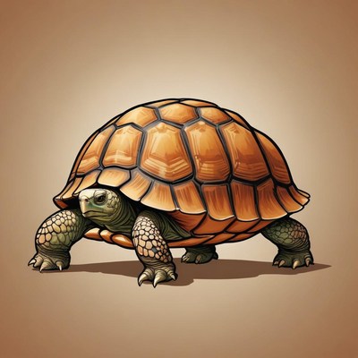 A brown turtle with a patterned shell walks forward
