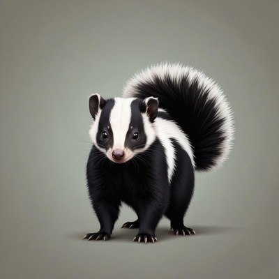 A black and white skunk stands on a gray background