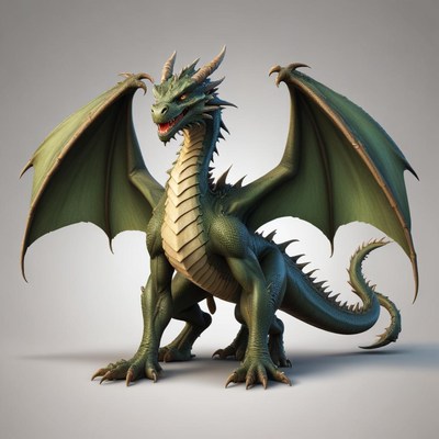 A green dragon stands with its wings spread