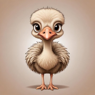 A cute baby ostrich stands on a brown background