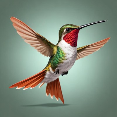 A hummingbird hovers in mid-air, its wings a blur of motion