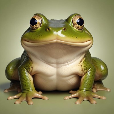 A green frog sits on a green background