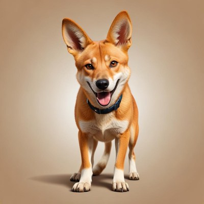 A happy dingo stands on a tan background