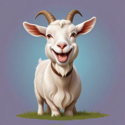 A smiling white goat stands in green grass