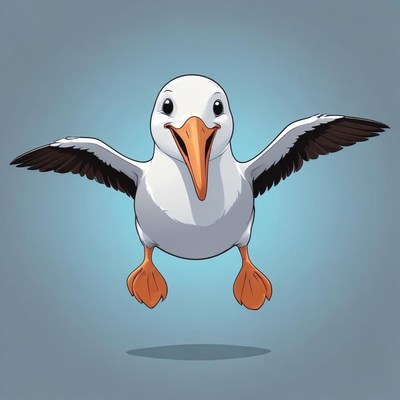 A happy seabird flies with wings outstretched