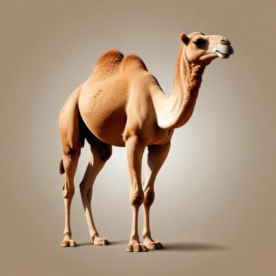A camel stands against a neutral background