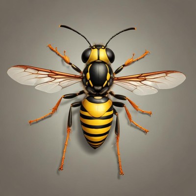 A close-up of a yellow jacket with its wings spread