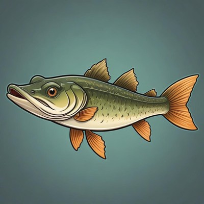 A green fish with orange fins is swimming