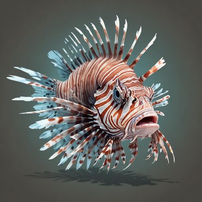 A lionfish swims in front of a neutral background