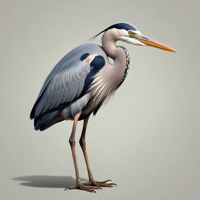 A great blue heron stands on a light gray background