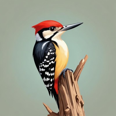A woodpecker perches on a branch, looking to the right