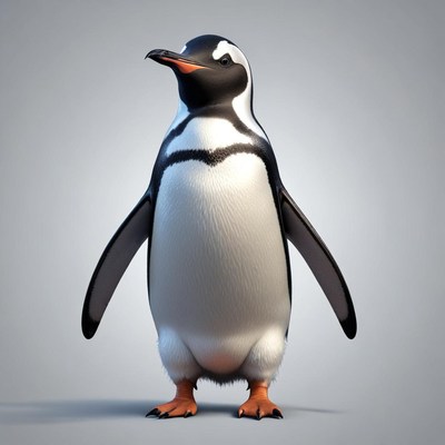 A penguin stands tall in front of a gray background